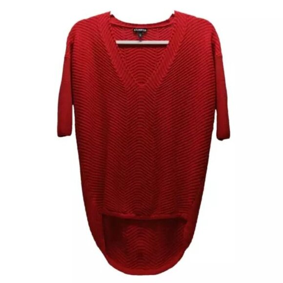 Express Chevron Pattern Knit V-Neck Sweater Women’s XS Red Droptail High-Low Hem - Picture 1 of 14